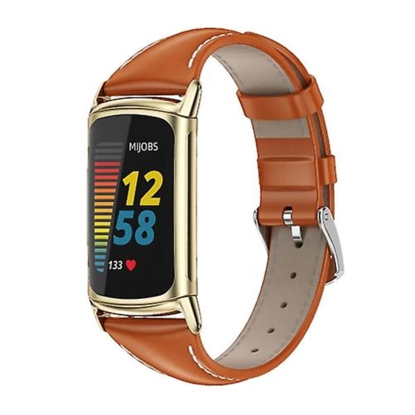 För Fitbit Charge5 Mijobs Äkta Läder Slim Watch Band RIB Orange-Gold