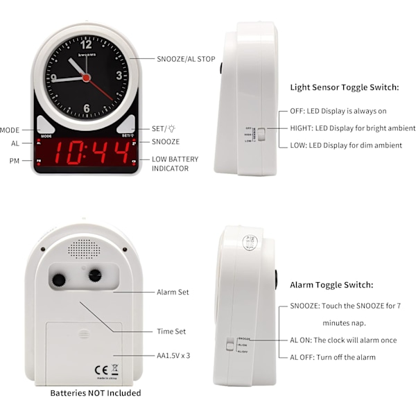 Vækkeur, Analogt ur & LED Digitalt ur, Slient ur, Lysfølsomt LED ur, Snooze, 12 timer, Vækkeur til soveværelse, stue, hvid