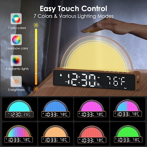 Solopgangs vækkeur, Wake Up Light Dawn Simulator, Sengelampe Farve Nattelys med USB-oplader, Søvnhjælp, Høj sollys vækkeur til