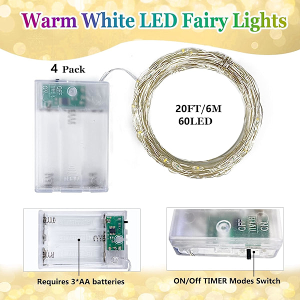 4-pack 20FT 60LED batteridrivna ljusslingor med timer, vattentäta batteridrivna ljusslingor utomhus inomhus, batteridrivna ljusslingor för sovrum