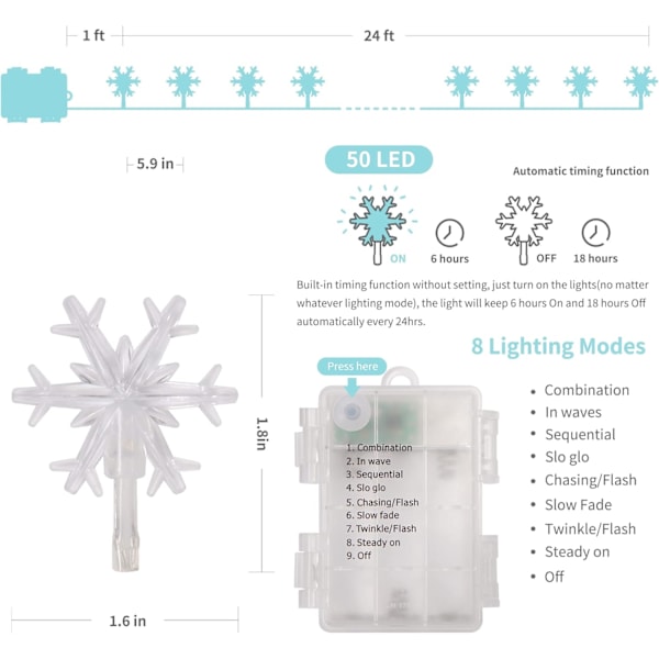 2 pakker julelys med snefnug til udendørs brug, 50 LED 24 fod snefnug dekorative julelys batteridrevet, 8 lystilstande og timer, hvid