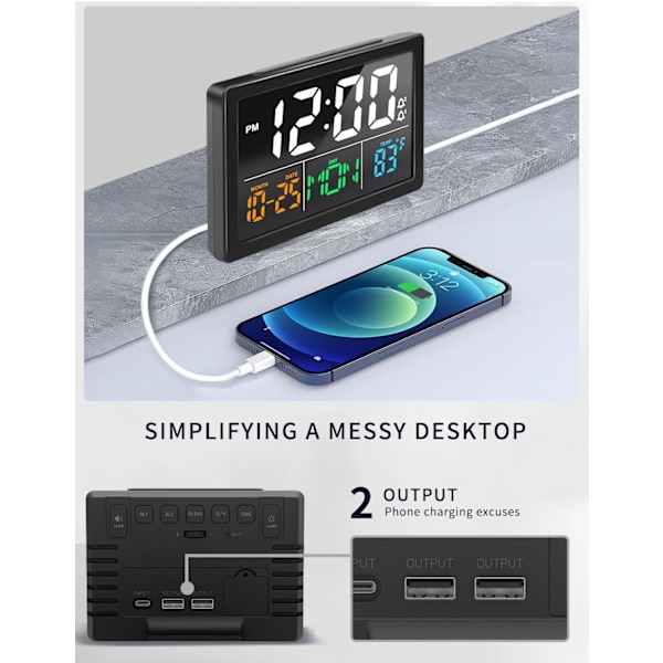 Digital väckarklocka, med 5,5\" stor LED-tidsdisplay, justerbar larmvolym, 6 nivåer ljusstyrka, larminställningar, USB-laddare, temperatur 5,5\"