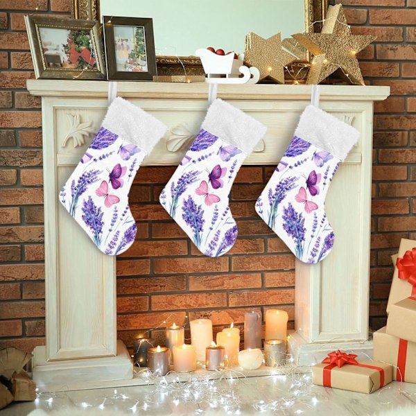 Julklapp, personliga julklappsstrumpor 2-pack lila lavendel fjäril 45,7 cm julstrumpor hängande prydnad spis för träd