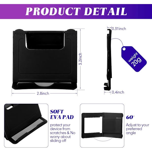24 stk. Mobiltelefonholder, Universal Foldbar Tablet Holder til Skrivebord Kompatibel med Phone 13 12 11 Pro Xs Max x 8 6s Plus Alle Android Smartphones (Sort)