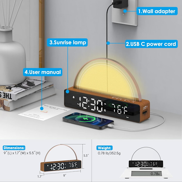 Solopgangs vækkeur, Wake Up Light Dawn Simulator, Sengelampe Farve Nattelys med USB-oplader, Søvnhjælp, Høj sollys vækkeur til