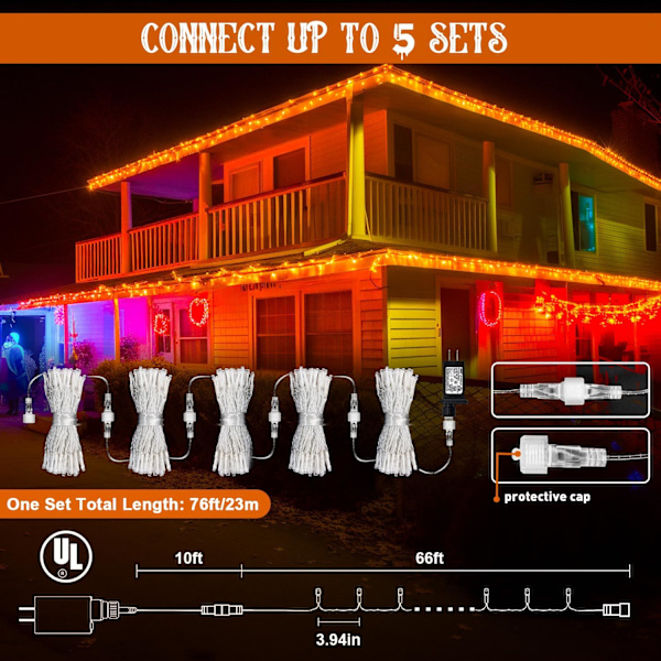 Orange Halloween-lys til udendørs brug - 200 LED-lyskæde til indendørs brug, 8 tilstande, 66ft udvidelige Twinkle-lys til stikkontakt til Thanksgiving Carnival Patio