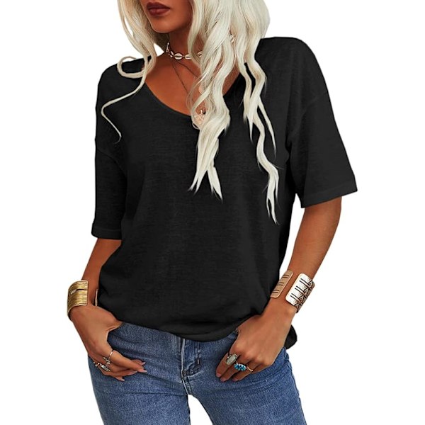 Damtoppar Sommar Mode V-hals Halv ärm Överdimensionerade T-shirts Armbågslängd