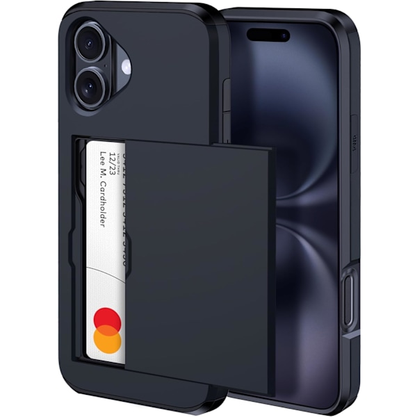 iPhone 16 Plus -lompakkokotelo piilotetulla korttipaikalla - Langattomasti ladattava iPhone 16 Plus -kotelo korttipidikkeellä miehille ja naisille (musta) Musta