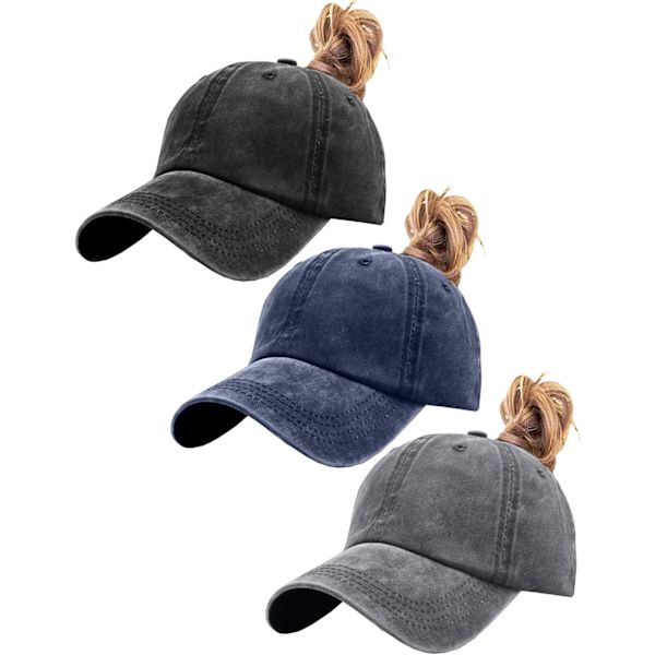 3-pak Vintage vasket distressed baseballkasket til kvinder med hestehalesporthul