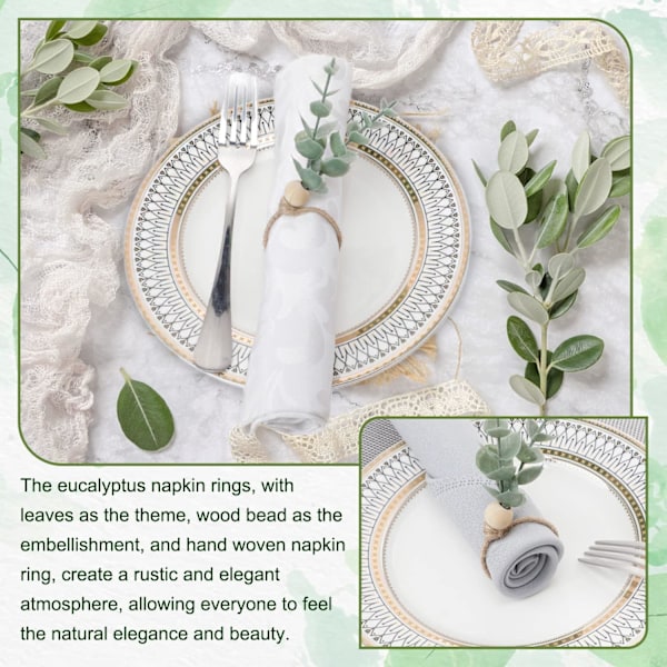 Servettringar Set om 6 Rustika Eucalyptus Trä Servettringar Boho Blad Trä Pärla