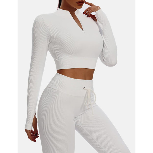 Sömlösa 2-delade outfits för kvinnor Ribbade långärmade dragkedja framtill Crop Top + High