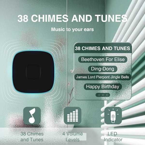 Trådløs dørklokke, BO YING Vanntett dørklokke, Enkel installasjon, Fungerer på 1000ft rekkevidde med 38 melodier å velge mellom, Justerbart volum og LED-lys