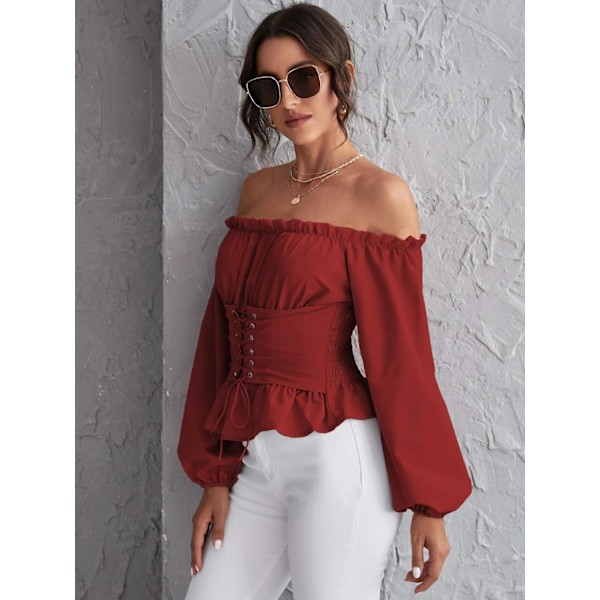 Kvinners Off Shoulder Ruffle Peplum Korsett Shirred Puff Lang Arm Topper Bluse