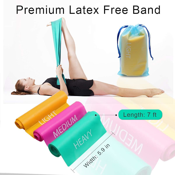 7FT. Lng Late Free Elastic Flat Eercise Band Set f 3 with Carry Bag, Wide Fitness  fr , , Physical Therapy, Yga, Carry Bag, Green & Green,Rose