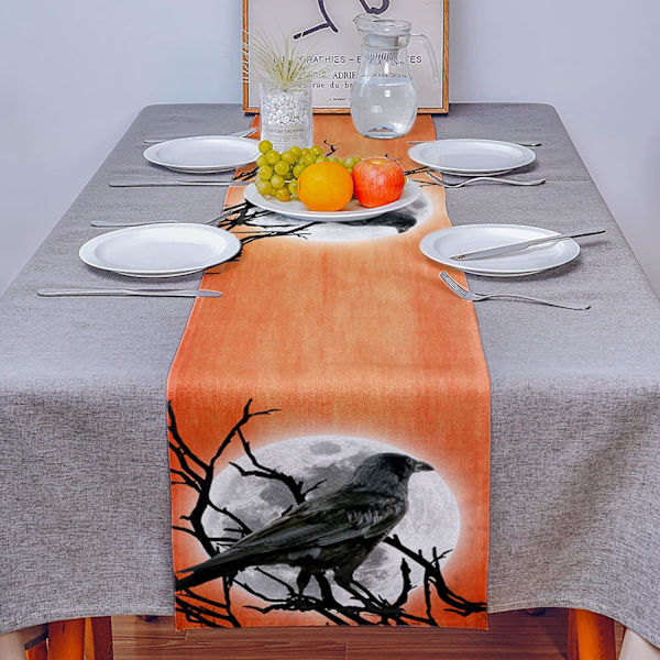 Raven Staning on The Branch ress Scarves Non-Slip Cotton Linen Table Cloth Setting Kitchen ecor for Holiay inner Parties Crow Moon Orange Ta Hall