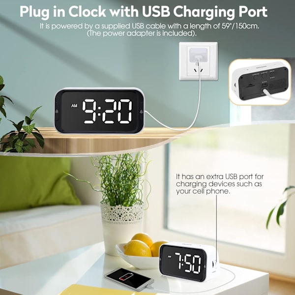 LED Digital Väggklocka för Sovrum Dubbel med Snooze för Tung Sovande Vuxna Barn med USB-port för Laddning 10~100dB Justerbar Volym Vit