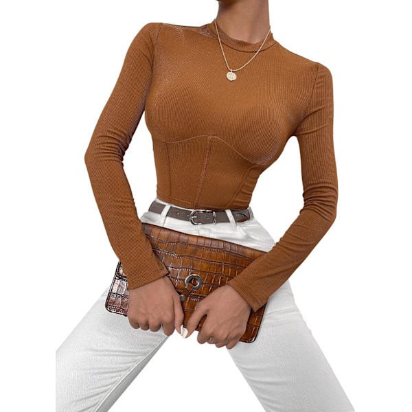 Kvinners Mock Neck Langarmet Ribbstickad Slim Fitted Crop