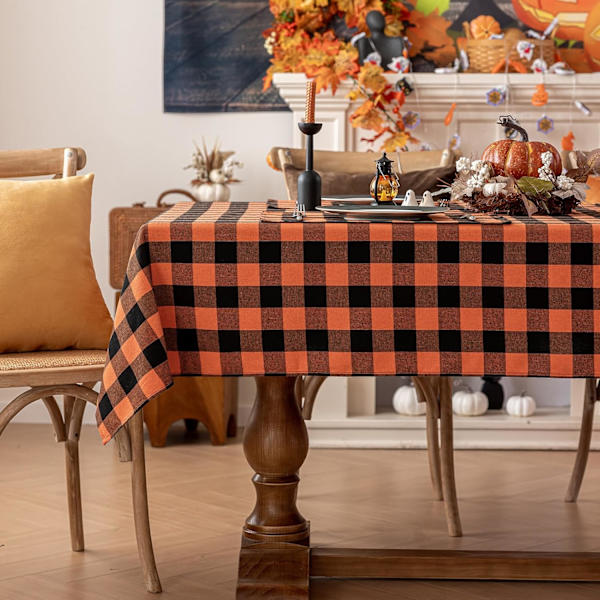 Halloween Rutete Bordsduk Rektangel - Oransje Buffalo Plaid Høst Bordsduker, Flekkbestandig Vaskbar Bordduk for Spising/Fester/Høytid