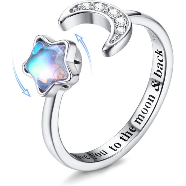 925 Sterling Silver Fidget Rings - Justerbar Moonstone och CZ Moon Star Spinner Ring