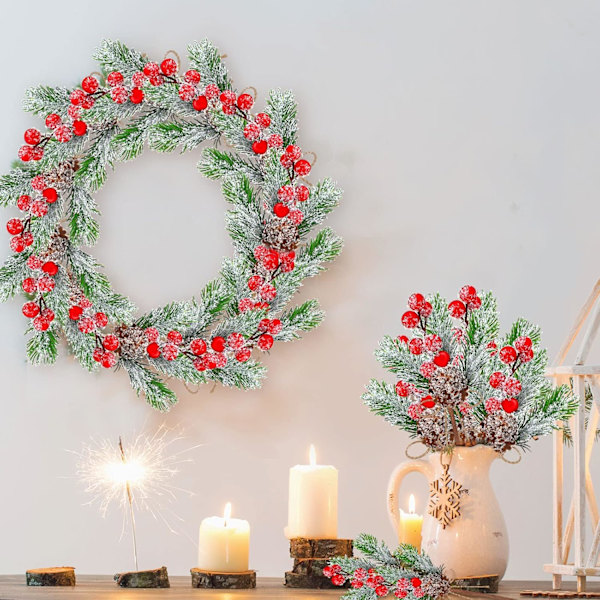 24 st julblommor tallkottar för hantverk vita röda bärstjälkar konstgjorda
