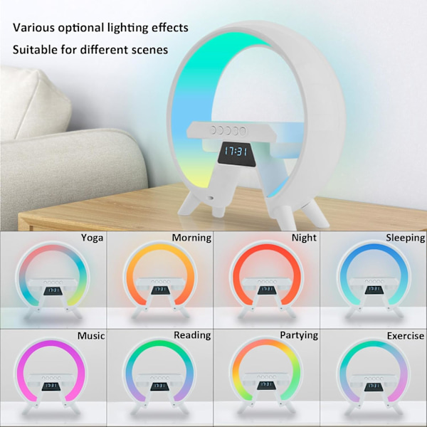 Arches Gradual Sunrise Vækkeur med Trådløs Opladningsstation, Lydsystem med Bluetooth-højttaler, med Nattelys til Soveværelser Hvid