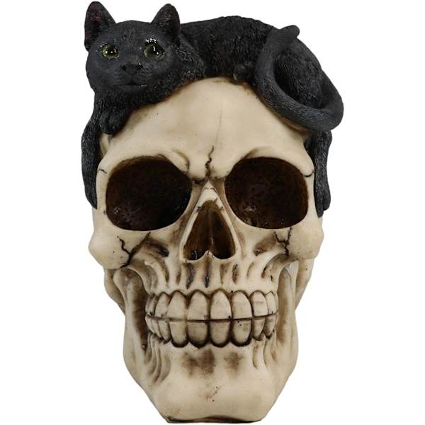 Ebros Cat Witching Hour Häxkonst Svart Mystisk Katt Sittande På Skalle Figur 3D Katter Skallar Dekorativ Ossuarium Makaber     De Dödas Dag