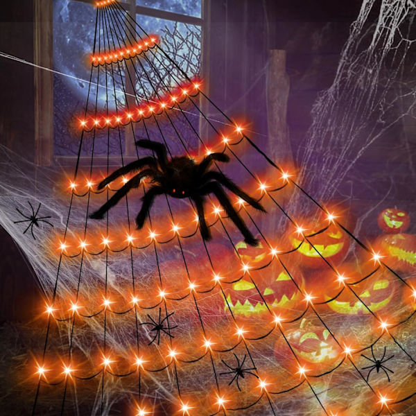 Halloween Lys Dekoration, 110 LED Edderkop Lys med 5 Sorte Edderkopper, Halloween Lys Udendørs 8 Tilstande til Halloween Dekoration Orange Orange