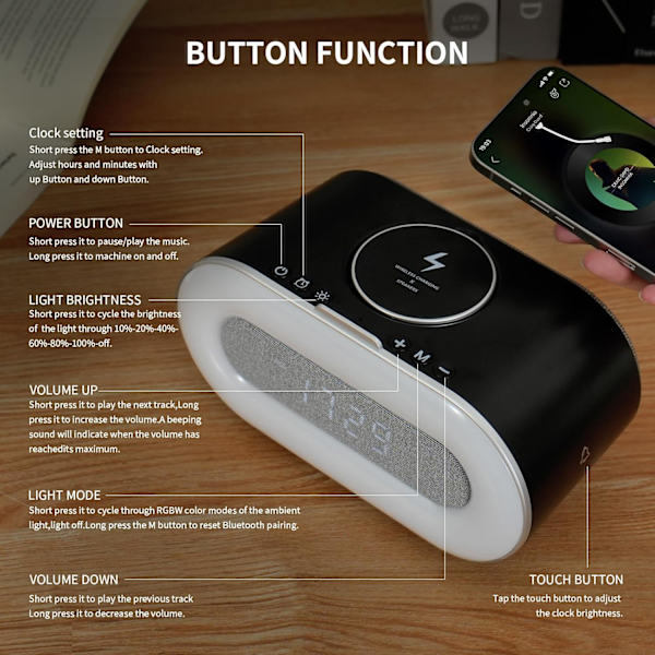 Bluetooth-högtalar väckarklocka med trådlös laddning 15W, RGB omgivande sänglampa, 4000mAh batteri Bluetooth-klocka, smarta musikpresenter för vuxna