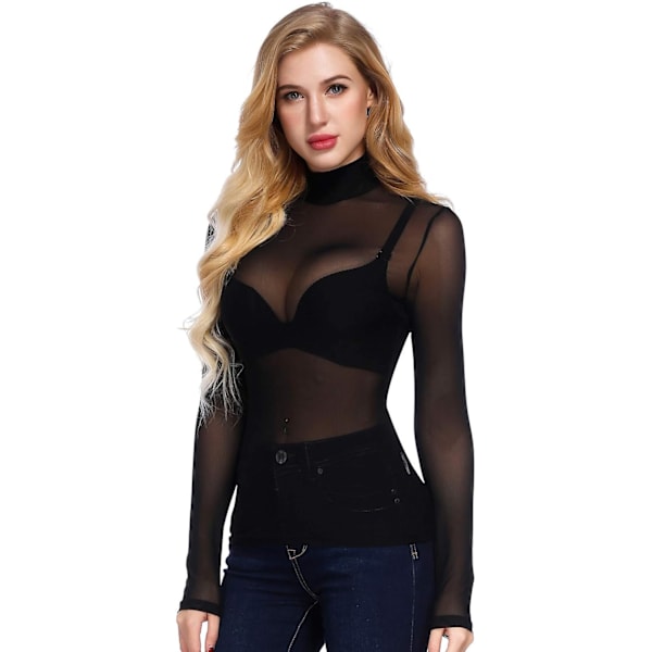 Kvinders Mesh Toppe Langærmet Gennemsigtig Gennemsigtig Bluse Sort Sexet Clubwear