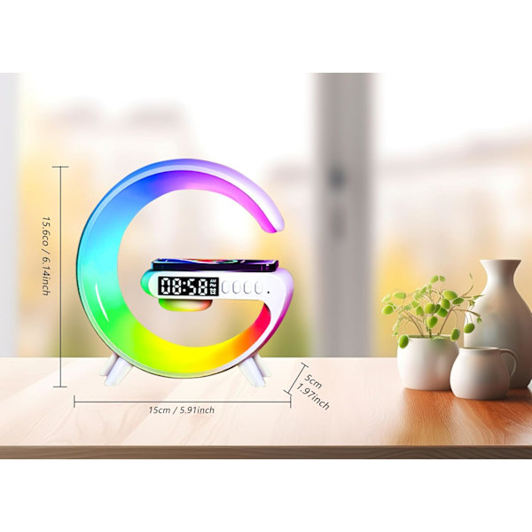 LED-skrivebordslampe til ny trådløs højttaleroplader, Mini G-atmosfærelys med trådløs opladningsstation, musikbelysning Fire i én vækkeur
