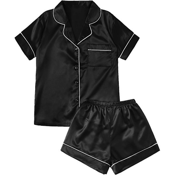 Kvinnors kortärmad nattkläder knapp ned satin 2-delad pyjamas set