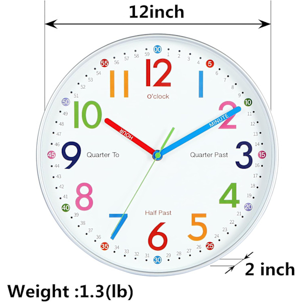 12 tommer Læringsur til børn, Lærende ur Børn Analog Farverig soveværelser Væg ur Sølv ET-7789 Sølv 12 tommer Quartz Sølv 12 tommer Quartz