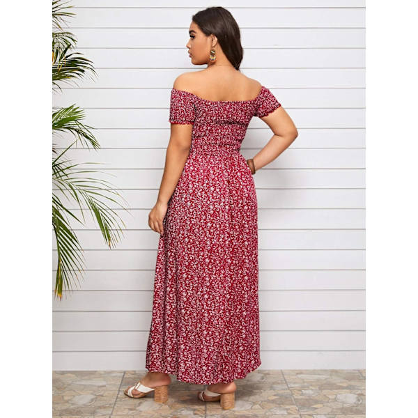Plus Size Boho Blomster Off Shoulder Sommer Split A-Linje Lang Maxi Kjole til Kvinder