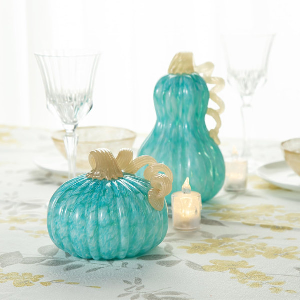 Glitzhome 6\" D Handblåst Rund Turkos Glaspumpa, Thanksgiving Glaspumpa Höst Pumpa Bordsdekoration Skördeglas Pumpa Figur Glas 6\"d