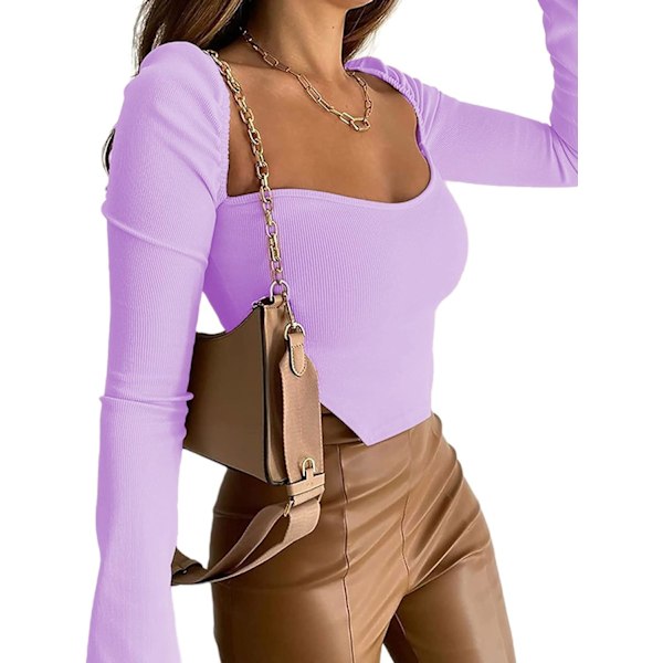 Kvinners langærmet ribbestrikket Crop Top Scoop Neck