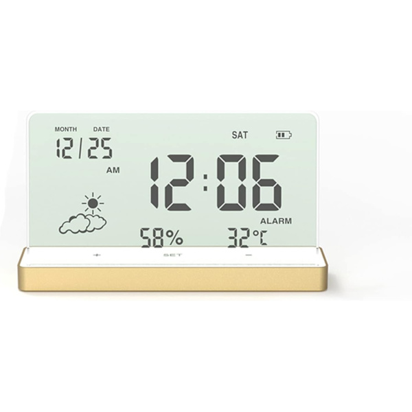 Digital väckarklocka, kreativ tydlig digital klocka med transparent stor skärm Temp/Fuktighet/Datum Visning Elektronisk väckarklocka Skrivbord Guld