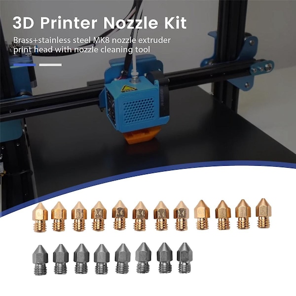 20-delarsats, Mässing+Rostfritt Stål MK8 Munstycken Extruder Print Head med Munstycksrengöringsverktyg