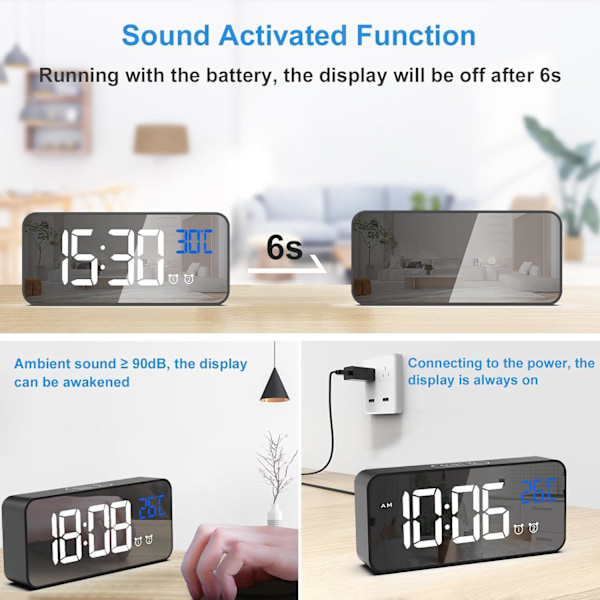 Digital Väckarklocka - USB Uppladdningsbar med Temperaturvisning, Snooze & Dubbla Alarm för Sovrum, Kontor & Resor