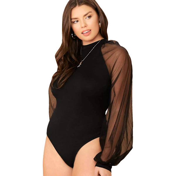 Kvinders Plus Size Sexet Mesh Lanterne Langærmet Mock Neck Clubwear Bodysuit