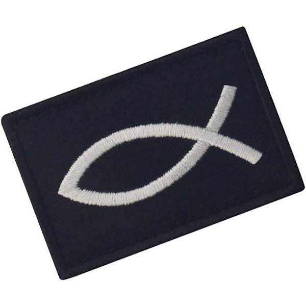 Jesus fisk patch - broderet morale patch med krog- og løkkeemblem (hvid og sort)