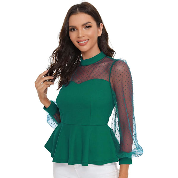Kvinnors Mesh Långärmad Mock Neck Volangfåll Slim Fit Peplum Blus