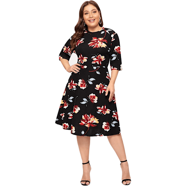 Elegant blomsterprint kjole i plusstørrelse til kvinder - A-form midi-kjole