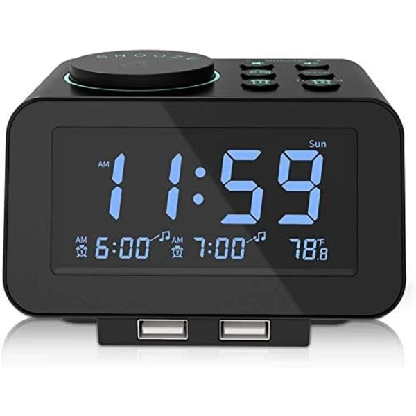 Digital väckarklocka radio-000% dimmer, dubbelalarm i veckodags-/helgläge, 6-tons justerbar volym, FM-radio med sömntimer, snooze, 2 USB