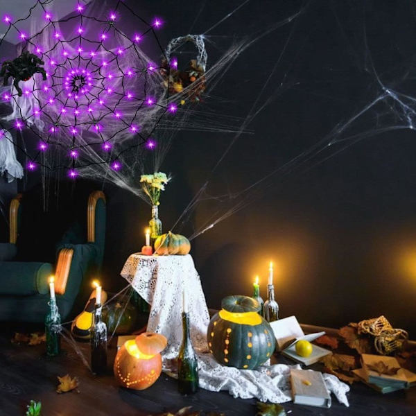 Halloween-dekorasjoner edderkoppnettlys, 70 LED-edderkoppnettlys for Halloween-dekorasjon innendørs utendørs vanntett, edderkopp LED-lys batteri lilla