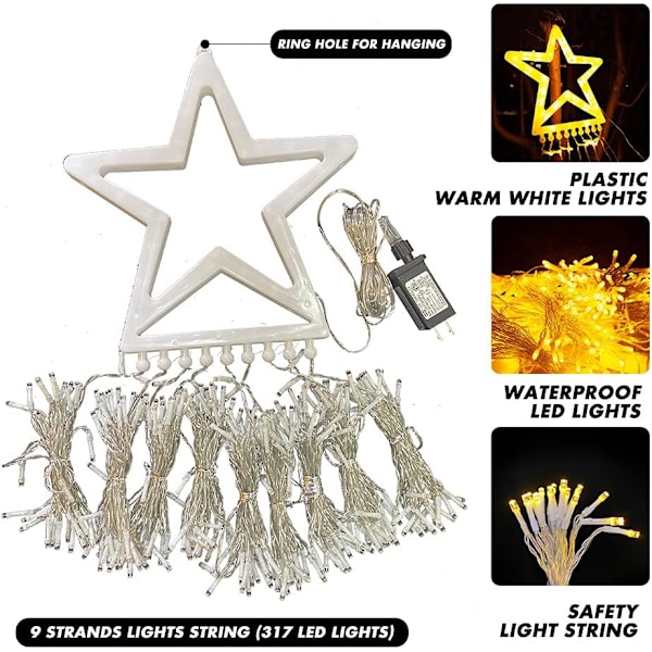 Julelysstjerne-lyskjede, 317 LED 12\" Topper-stjerne 8 minnemykoder 9 tråder lyskjede, dekorasjonslys for innendørs utendørs jul, varm