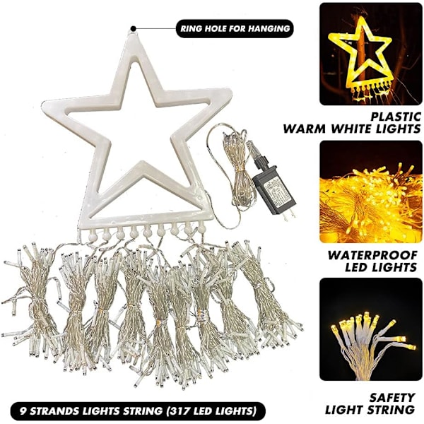 Julstjärna ljusslinga, 317LED 12\" Topper Star 8 minnesmodeller 9Strands ljusslinga, dekorationsljus för inomhus utomhus jul, varm