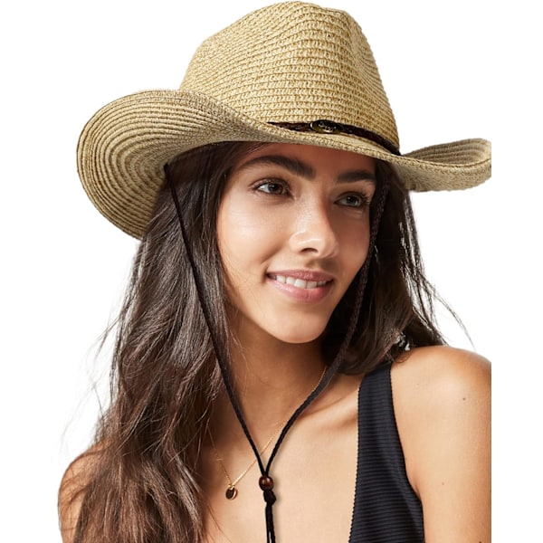 Kvinnors Halm Solhatt Herr Cowboy Stil Trädgård Hatt UPF 50+ Bred Brätte Sommarhatt