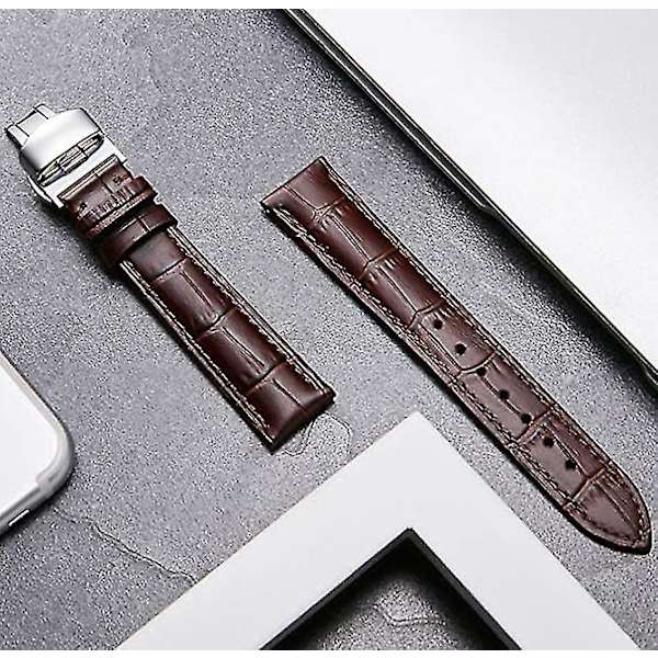 Läderklockarmband Ersättning Alligator Rem För Män Kvinnor Med Silver Fjärils Deployment Spänne Dark brown 22mm