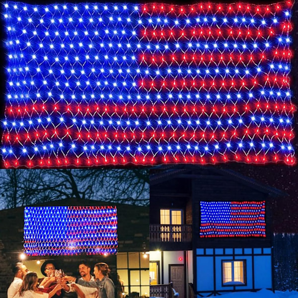 (Nytt) Amerikansk flagglys, 420 LED USA flaggnettlys, utendørs vanntett patriotiske ornamenter for uavhengighetsdagen nasjonaldag 4. juli