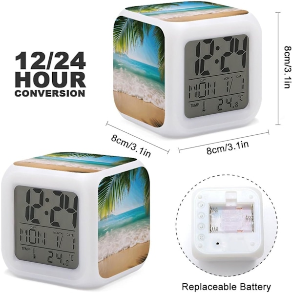 LED-väckarklocka, Ocean Sea Beach Palm Leaves Print Multicolor Väckarklocka Geometrisk Väckarklocka Sovrumsväckarklocka Tyst Väckarklocka Vit